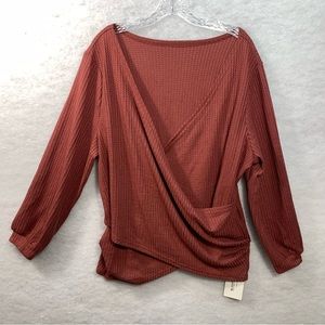 NWT Bloomchic Waffle Knit Top Half Wrap Deep V Long Sleeve Rust Size 18-20